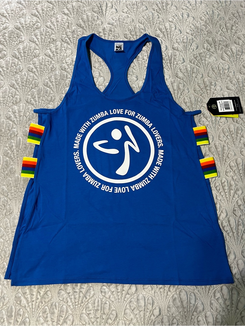 Zumba Fitness Made With Zumba Love Blue Open side Racerback Tank Top Medium Nwt